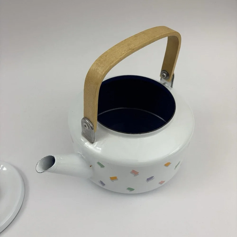 90s Teapot Saved By‎ The Bell Wood Handle Enamel Vintage Confetti Design